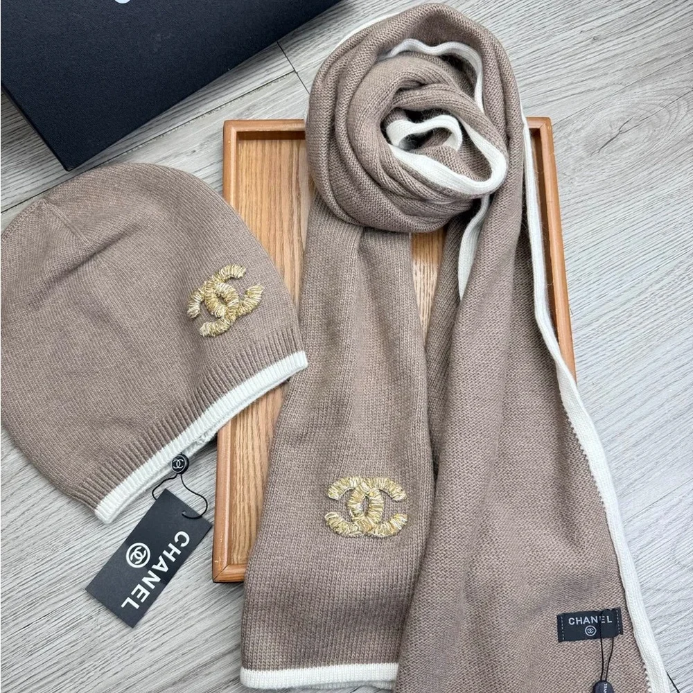 Chanel Taupe Knit Scarf and Beanie Set with White Trim